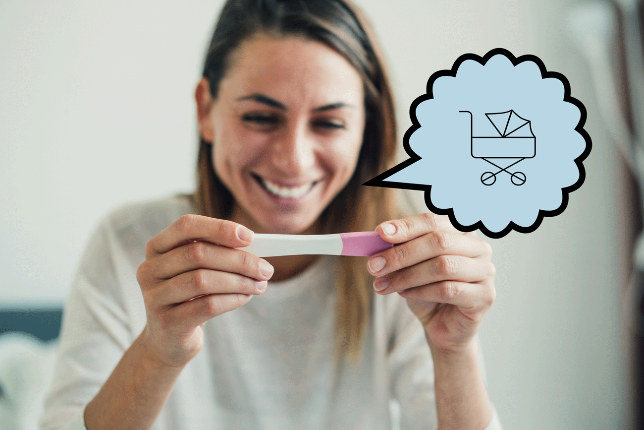 An image of a woman with a pregnancy test.