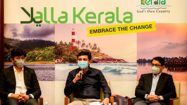 P.A. Mohammed Riyas, Minister of Public Works of Kerala in the press co<em></em>nference with V R Krishna Teja, Director Kerala Tourism, and Dr.V.Venu, Additio<em></em>nal Chief Secretary Tourism in Dubai.– Photo by Shihab